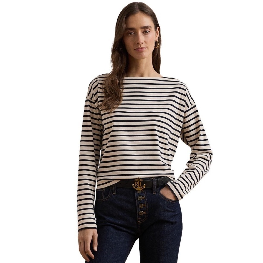Lauren Ralph Lauren Striped Cotton Jersey Boatneck Top Mascarpone XXL 5600454